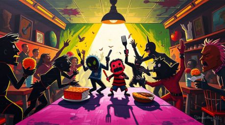 A bold acrylic painting captures the chaotic energy of a wild food fight in a cartoon cafeteria setting. Silhouetted figures 