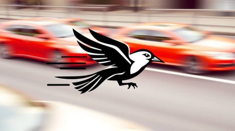 This geometric logo features a fast-running bird, meticulously detailed with clean lines, zooming past stylized traffic. The