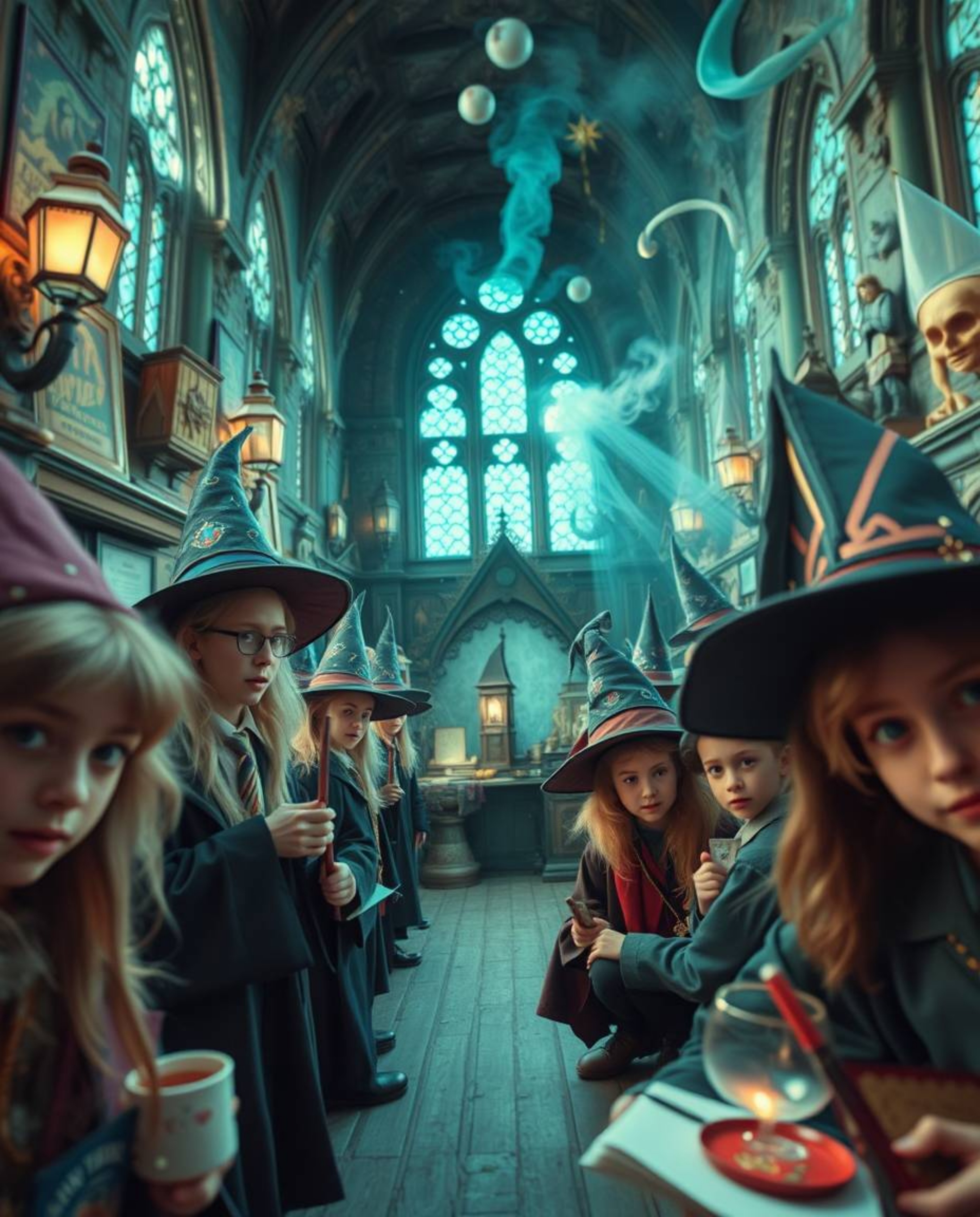 Explore a magical school teeming with young wizards, rendered in dreamlike surreal imagery.  Experience tight close-up shots 