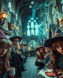 Explore a magical school teeming with young wizards, rendered in dreamlike surreal imagery.  Experience tight close-up shots 