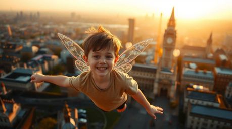 A captivating image of a young boy soaring above London at golden hour, sprinkled with magical pixie dust. Iridescent colors 