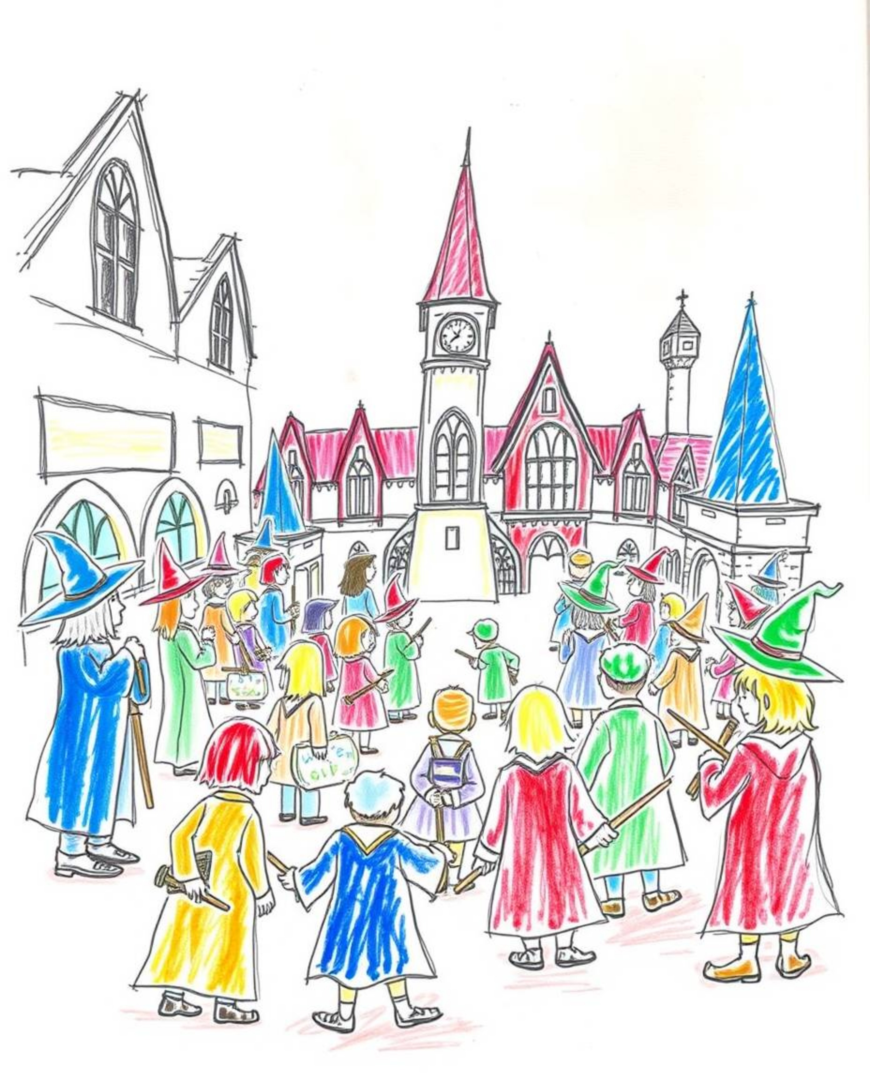 A captivating hand-drawn sketch depicts a magical school brimming with young wizards.  The illustration features vibrant, com