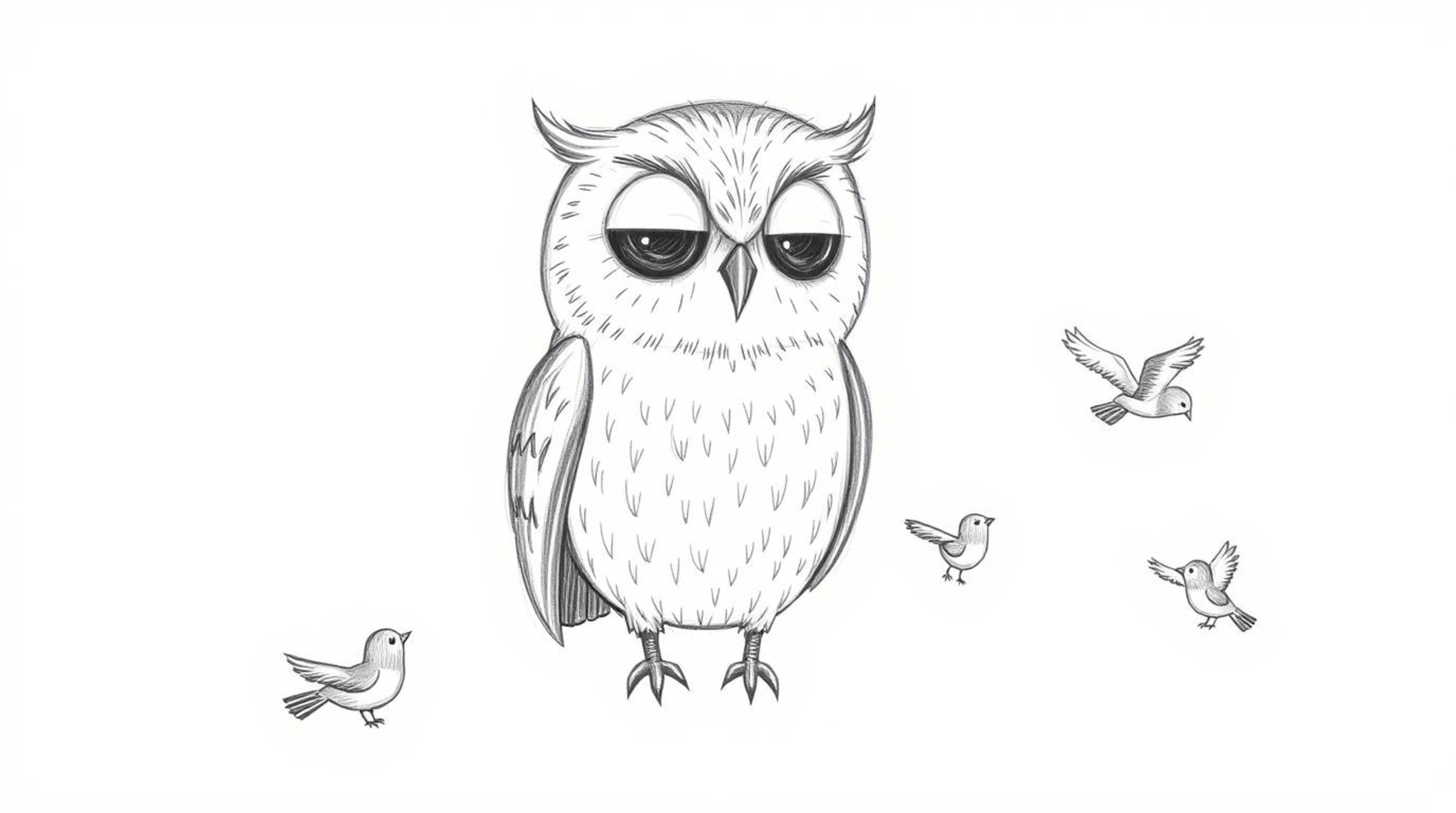 A heartwarming hand-drawn, Pixar-style sketch portrays a blind owl with a gentle expression, using textured pencil strokes on