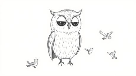 A heartwarming hand-drawn, Pixar-style sketch portrays a blind owl with a gentle expression, using textured pencil strokes on