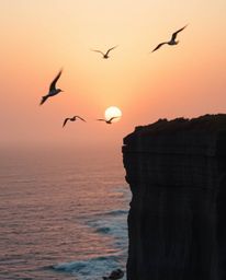 This is an extreme macro close-up of a sunset over a coastal cliff, featuring soaring birds enveloped in a soft cinematic haz