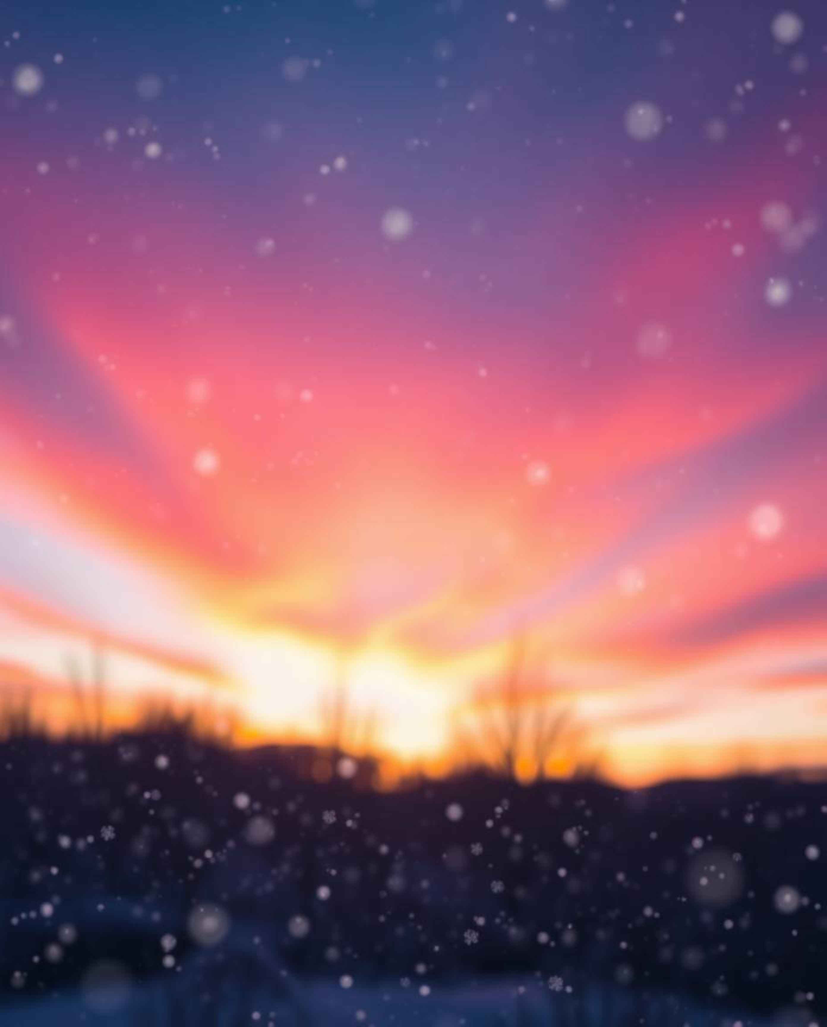 An ethereal image captures a vibrant sunset with falling snowflakes, creating a truly magical scene. The artwork is character