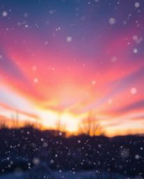 An ethereal image captures a vibrant sunset with falling snowflakes, creating a truly magical scene. The artwork is character