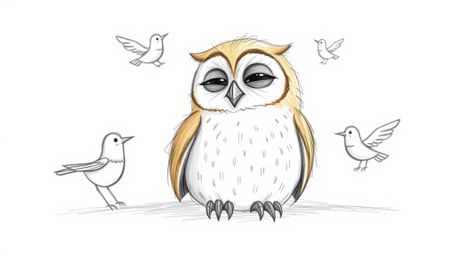 A heartwarming, Pixar-inspired sketch features a gentle, blind owl with light brown plumage peacefully resting. Joyful birds,