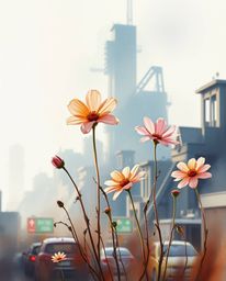 A captivating watercolor painting depicts delicate flowers blooming amidst the ruins of a post-apocalyptic city.  The artwork