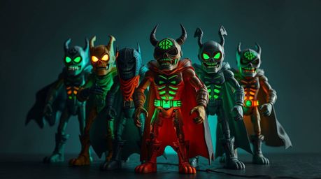 Discover a captivating image of misfit heroes uniting as a team, sculpted from layered papier-mâché and illuminated by biolum