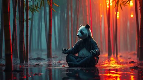 Immerse yourself in a warm, wet rainy scene depicting a martial artist panda gracefully meditating amidst a lush bamboo fores