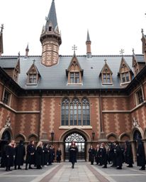 This is a precise architectural color photograph of a magical school teeming with young wizards. It masterfully captures shar