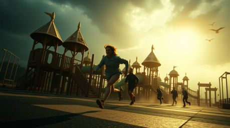 Experience a dramatic slow-motion run through a massive, futuristic playground.  The heroic scale of the setting, intense lig