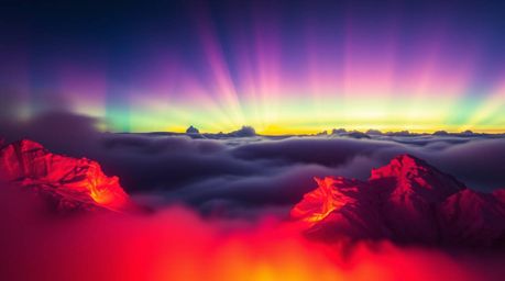 Experience the breathtaking beauty of a polar sunset bathed in volumetric lighting. Vivid electric colors and piercing light 