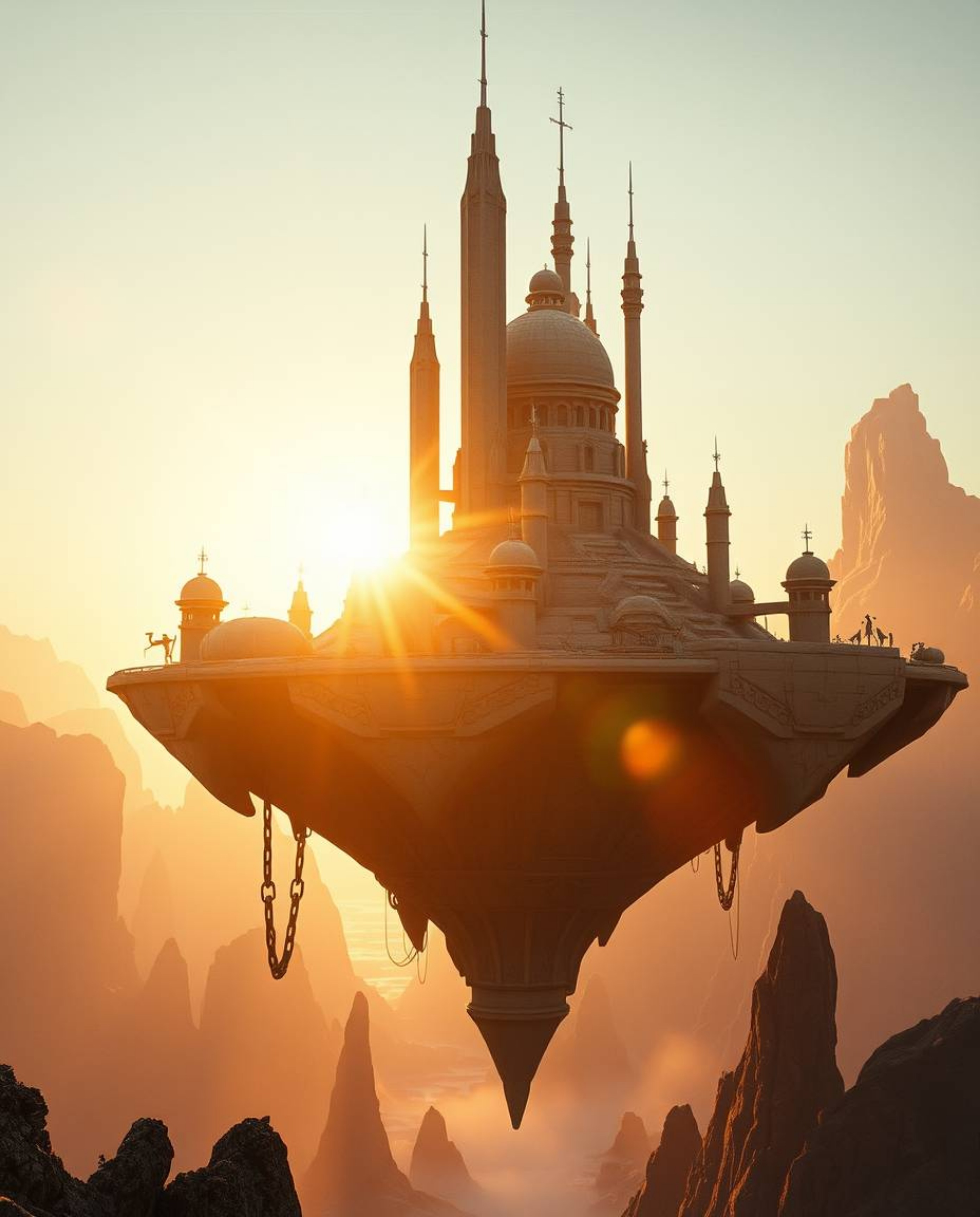 Explore a breathtaking surreal floating island featuring strange and awe-inspiring architecture. Bathed in the warm, golden l