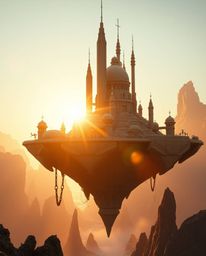 Explore a breathtaking surreal floating island featuring strange and awe-inspiring architecture. Bathed in the warm, golden l