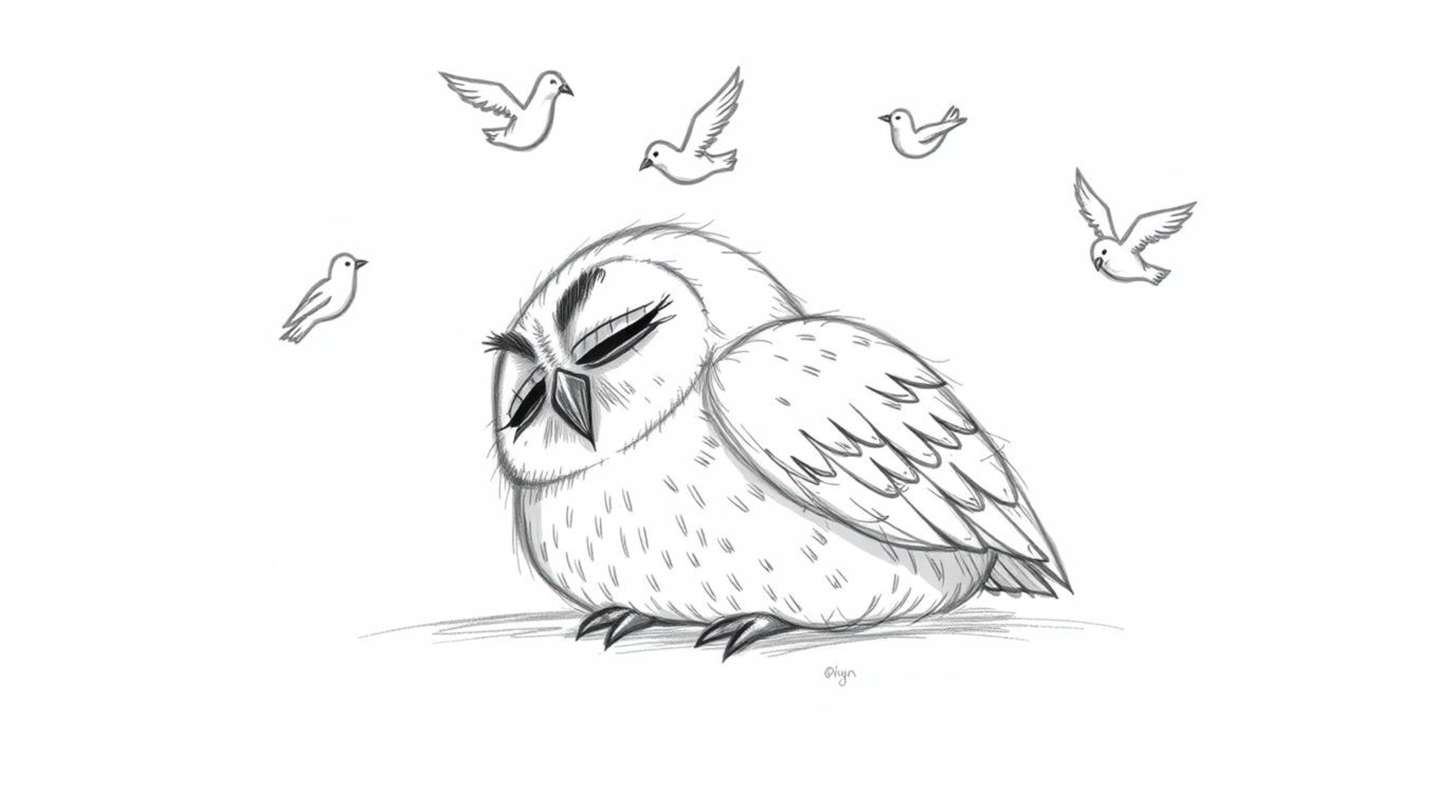 A charming hand-drawn sketch, reminiscent of Pixar's style, features a serene blind owl resting peacefully against a clean wh