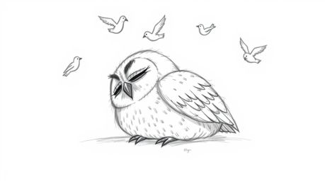 A charming hand-drawn sketch, reminiscent of Pixar's style, features a serene blind owl resting peacefully against a clean wh
