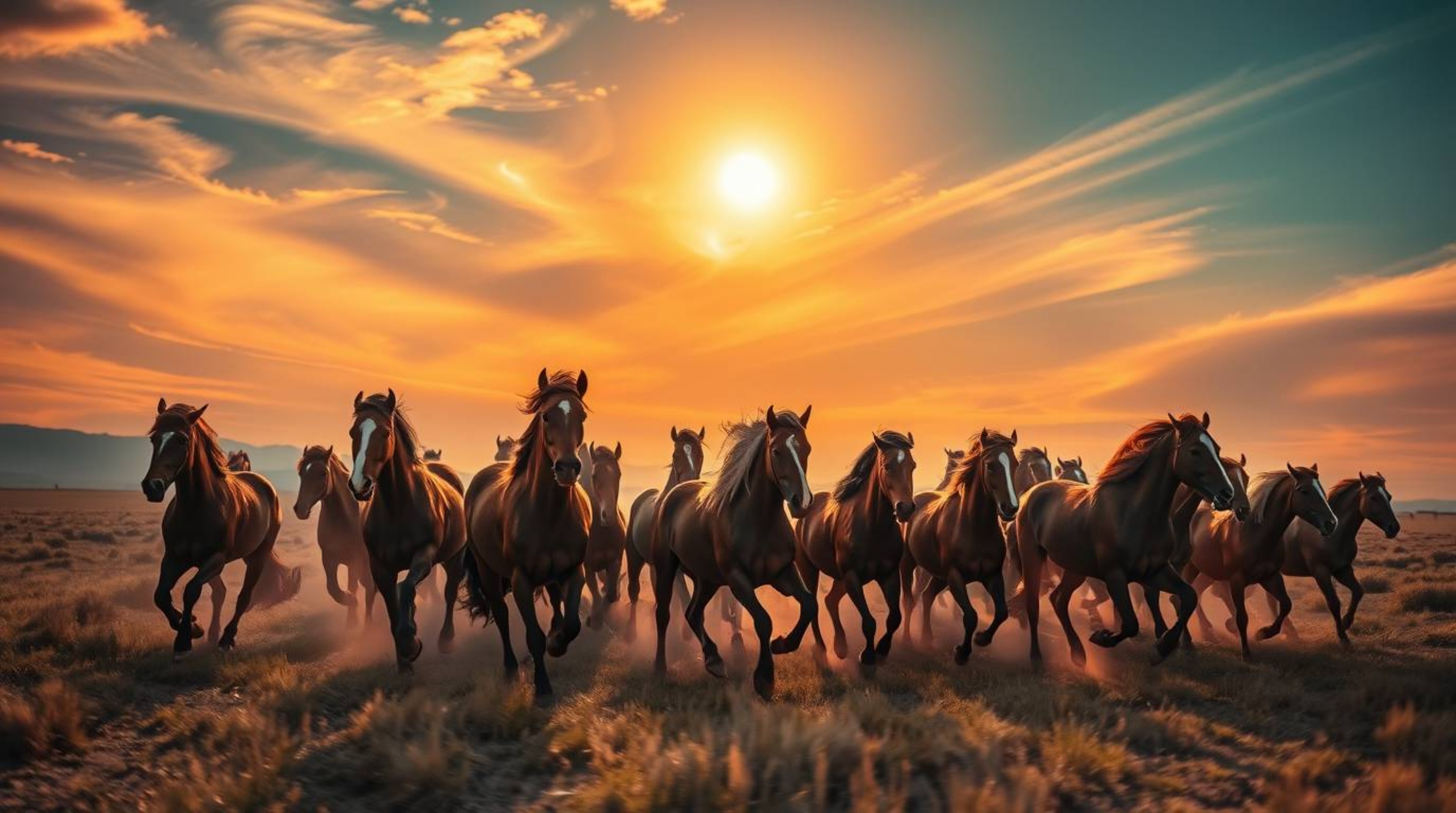 A visually striking and dynamic image capturing a herd of wild horses running under a glowing sky through creative light art.