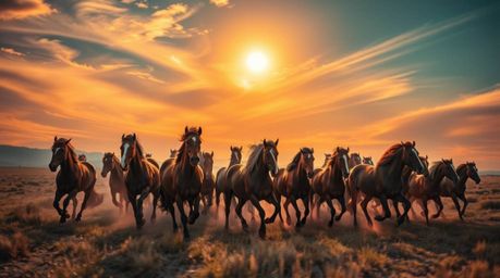 A visually striking and dynamic image capturing a herd of wild horses running under a glowing sky through creative light art.