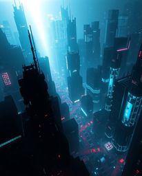 Explore a stunning high-angle perspective of a silhouetted futuristic city consumed by glitch mode. Witness flickering lights