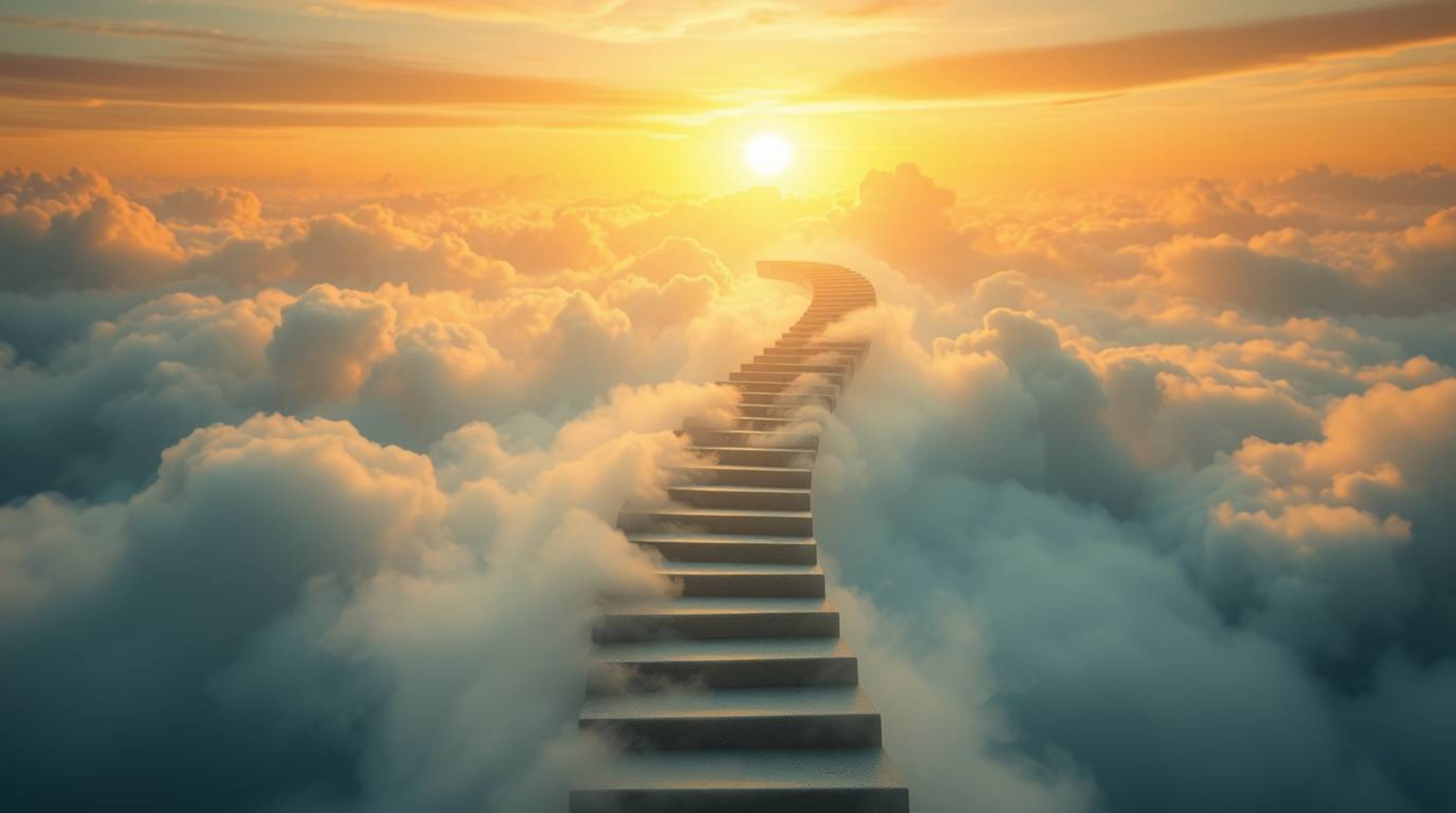 A captivating image depicting a winding stairway composed of smoke and light, ascending into a vast, cloudy sky.  The warm, g