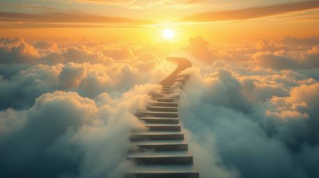 A captivating image depicting a winding stairway composed of smoke and light, ascending into a vast, cloudy sky.  The warm, g
