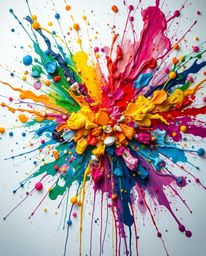 A vibrant explosion of colorful paint splashes dominates a pristine white canvas, creating a high-detail abstract artwork. Th