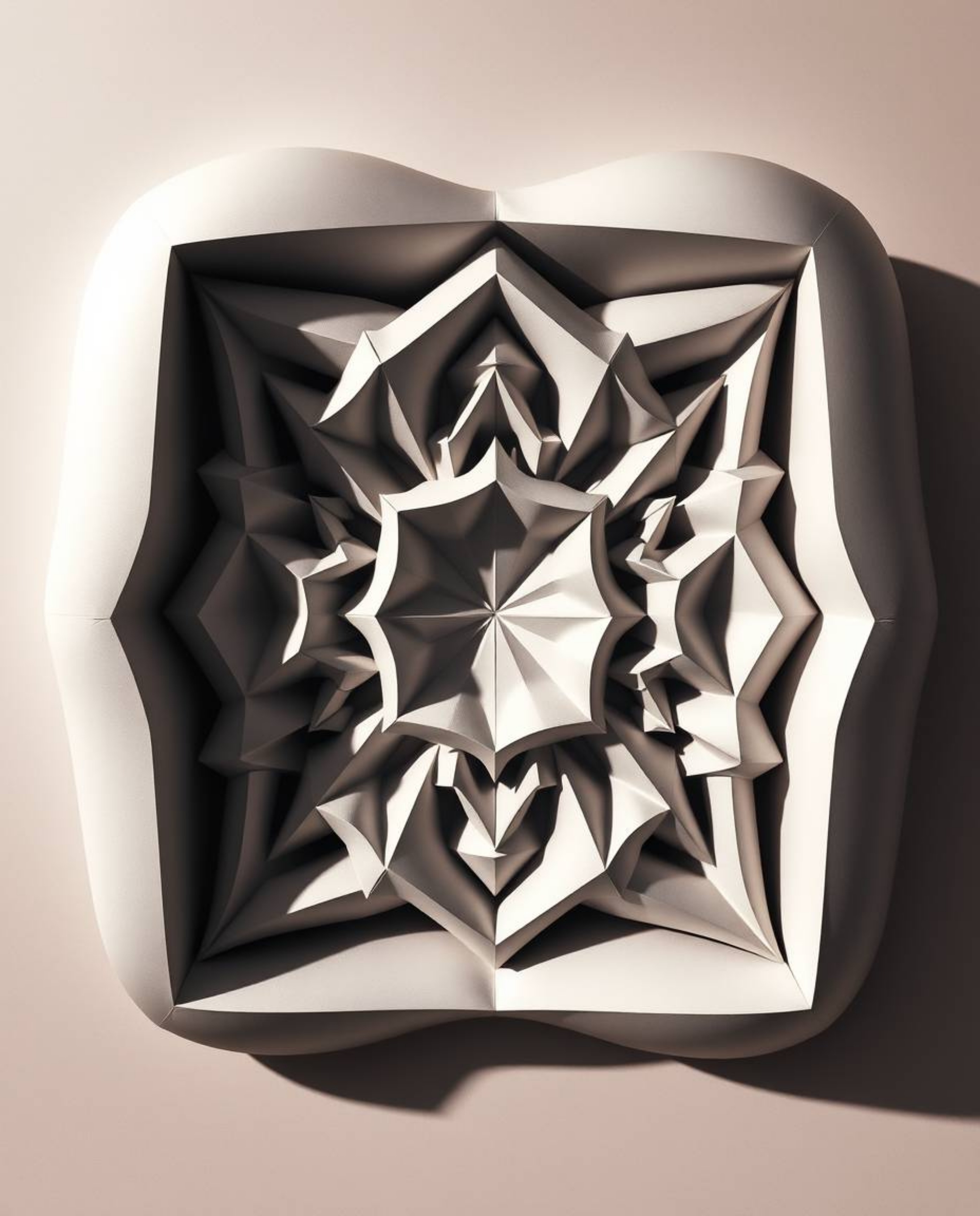 Explore a surreal overhead bird's-eye view of a monochrome 3D geometric pattern, crafted to resemble folded paper. This other