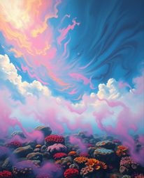 A bold acrylic painting in a dramatic, cinematic style depicts a colorful sky over a coral reef at low tide. This piece is ch