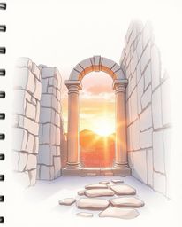A hand-drawn color sketchnote depicting a sunset casting shadows through ancient stone ruins. The scene is characterized by g