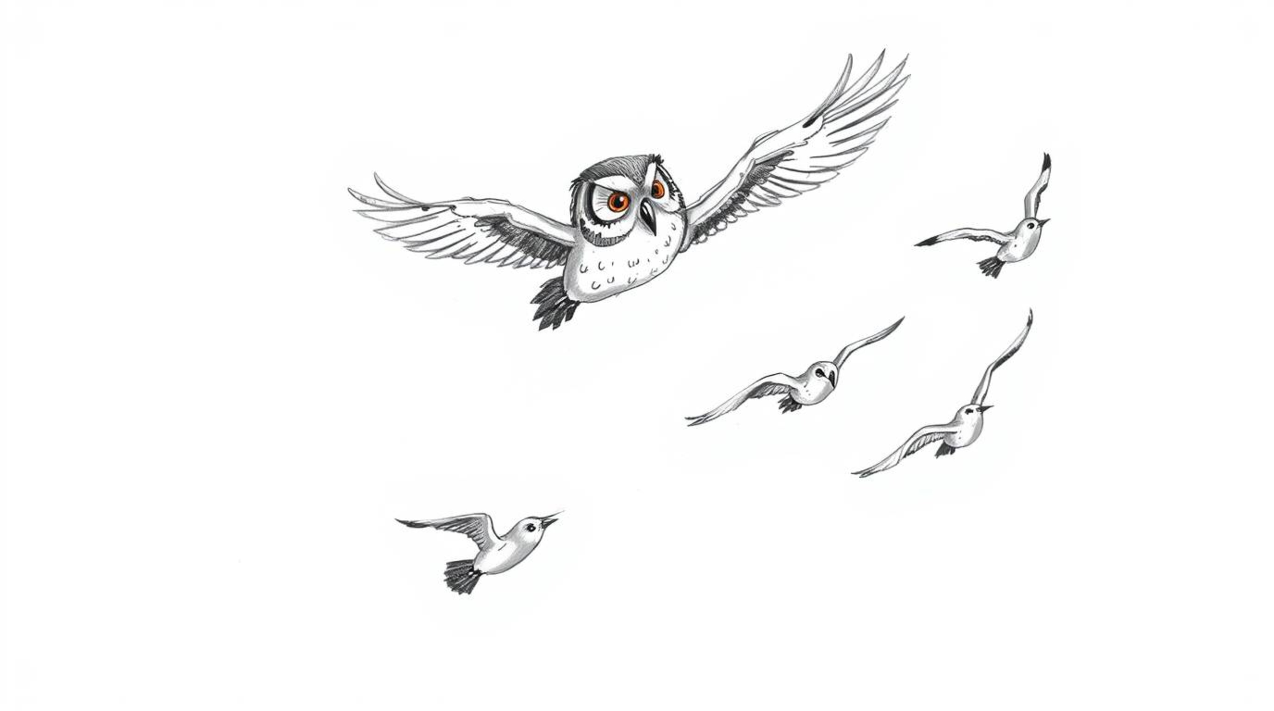 A captivating hand-drawn sketch in Pixar style depicts a blind owl, surprisingly teaching birds how to fly mid-flight. The sc