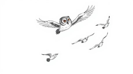 A captivating hand-drawn sketch in Pixar style depicts a blind owl, surprisingly teaching birds how to fly mid-flight. The sc