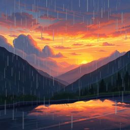 A captivating digital painting depicts a serene sunset over a quiet mountain valley.  The scene is imbued with a wet, rainy a
