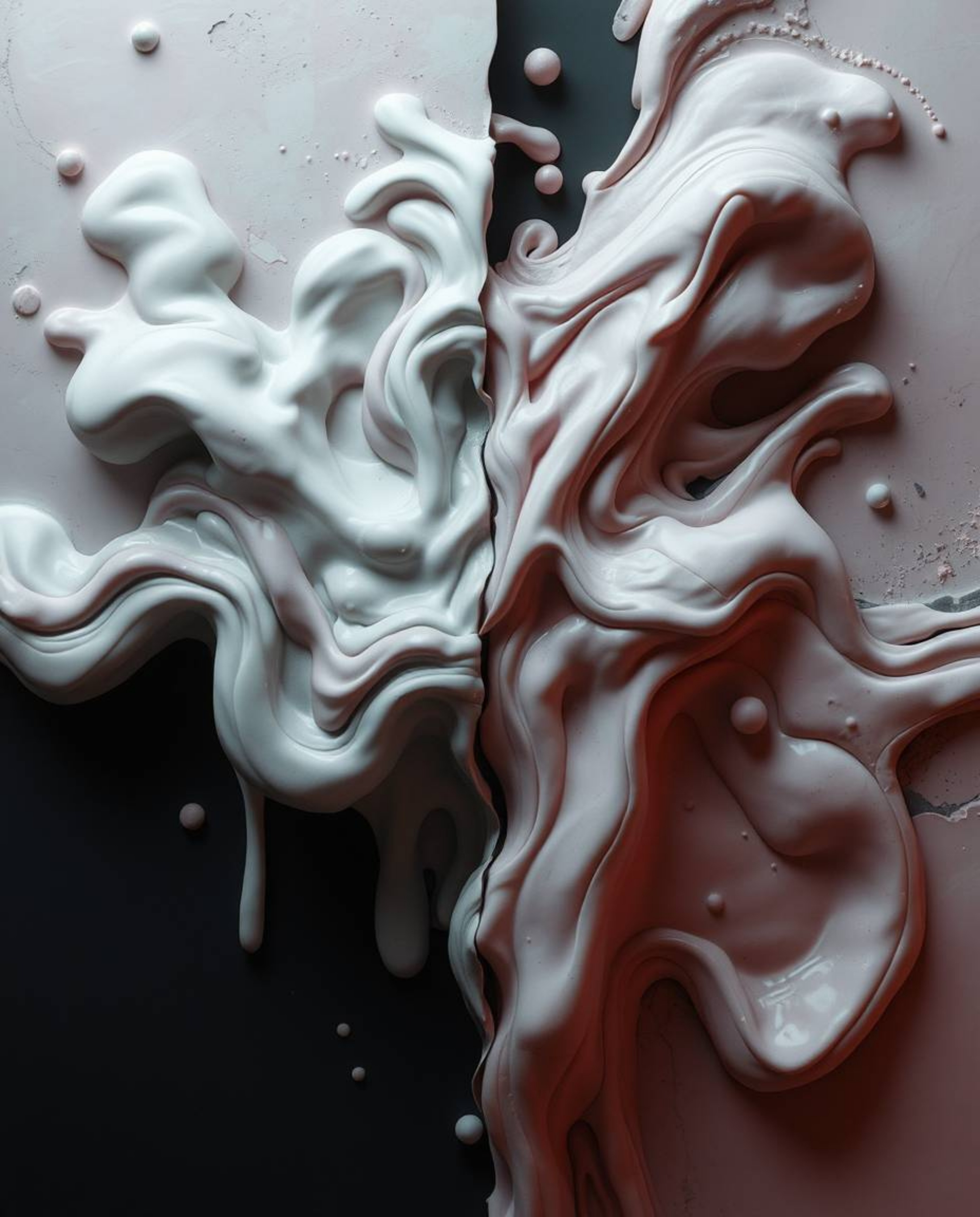 Explore a collection of eerie and creepy 3D abstract liquid forms, featuring a distinct split composition and a blend of past