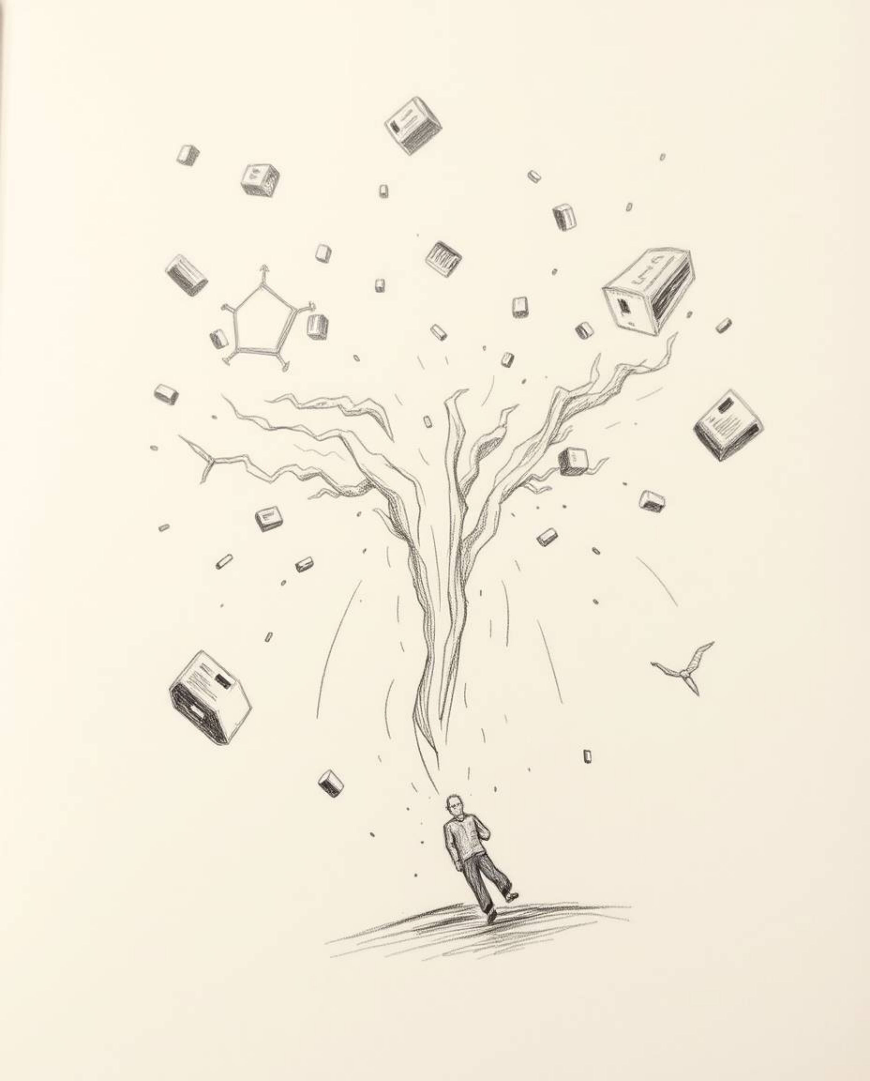 Explore a hand-drawn surreal storm featuring flying objects and broken gravity, rendered with a blurred bokeh effect and a sh