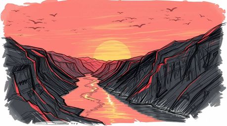 A captivating hand-drawn sketch showcases a winding river glowing under a dramatic orange-pink sky.  Rendered in a bold sketc