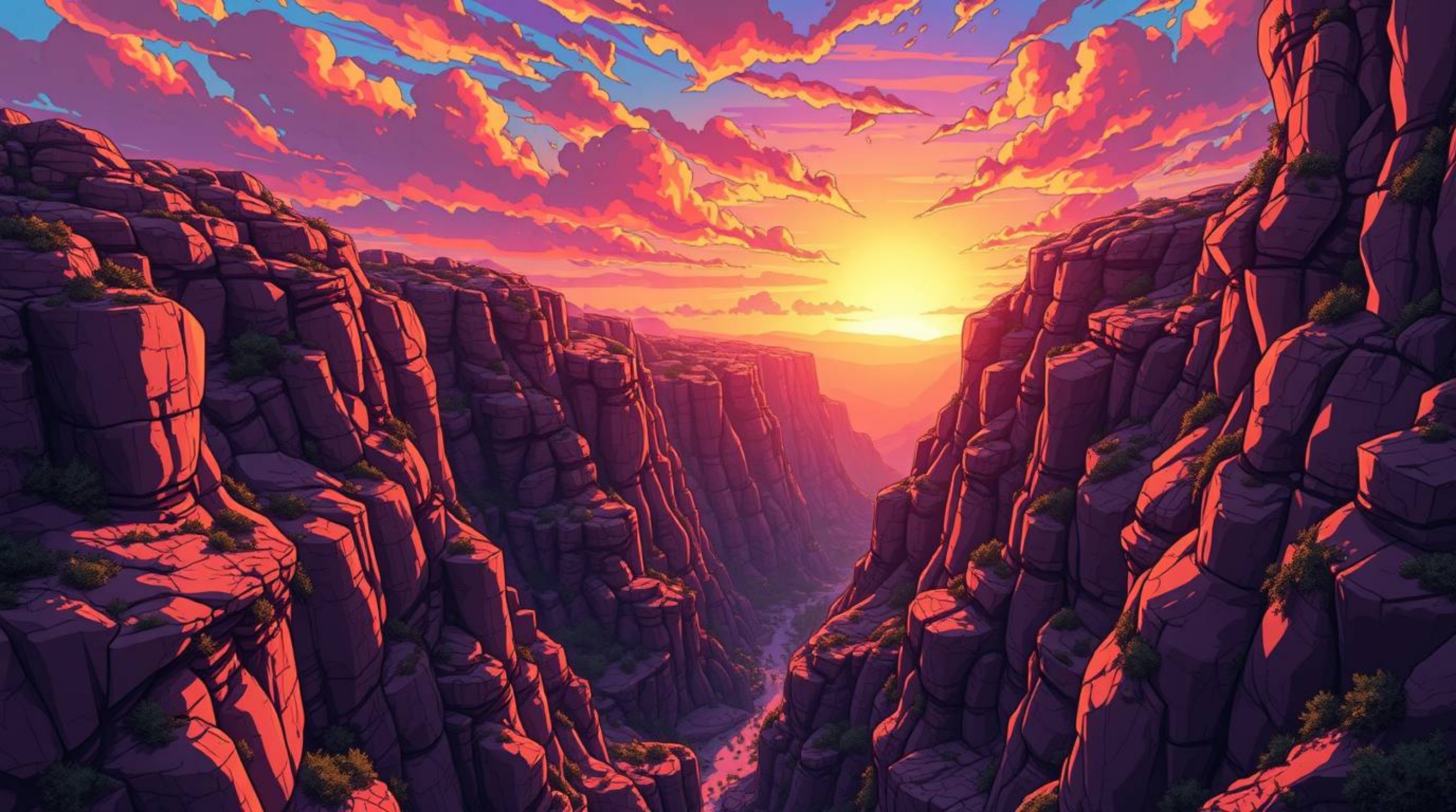 A breathtaking Isekai anime-style depiction of a rocky canyon bathed in warm sunset hues.  The vibrant colors and dynamic com