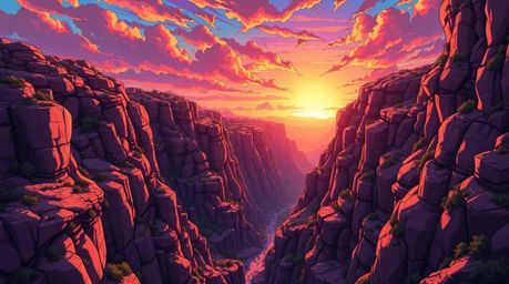 A breathtaking Isekai anime-style depiction of a rocky canyon bathed in warm sunset hues.  The vibrant colors and dynamic com