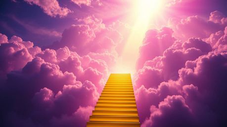 A captivating image depicts a golden staircase ascending through ethereal clouds towards a radiant heaven. Sunlight pierces t