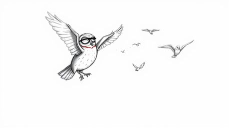 A heartwarming hand-drawn sketch in the style of Pixar depicts a unique scene: a blind owl, sketched mid-air leaving feathery