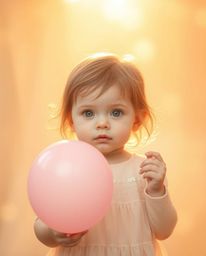 Immerse yourself in a soft and dreamy atmosphere, where a child with fair skin and gentle features holds a pastel pink balloo