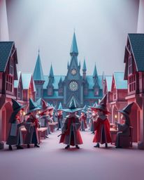 Discover a whimsical cinematic image of a magical school brimming with young wizards.  Rendered in soft pastel colors and int