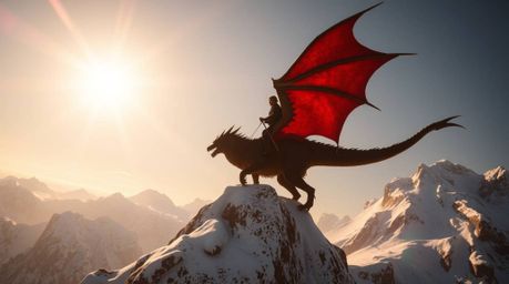 A breathtaking low-angle shot depicts a dragon and its rider soaring above a majestic range of icy mountains.  Harsh sunlight