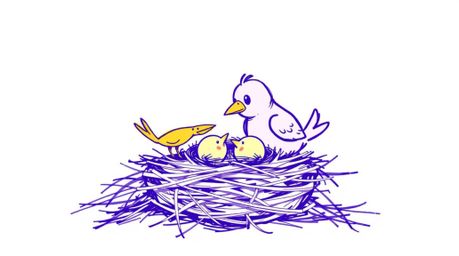A vibrant, hand-drawn sketch capturing two cartoon birds diligently building their nest in a classic animation style. Rendere