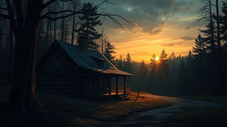 A captivating digital painting depicts an old wooden cabin nestled amidst a wooded area at sunset.  Rendered in a striking ch