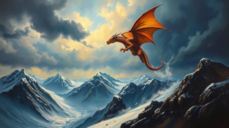 A breathtaking oil painting depicts a dragon and its rider soaring above a majestic range of icy mountains under a dramatic, 