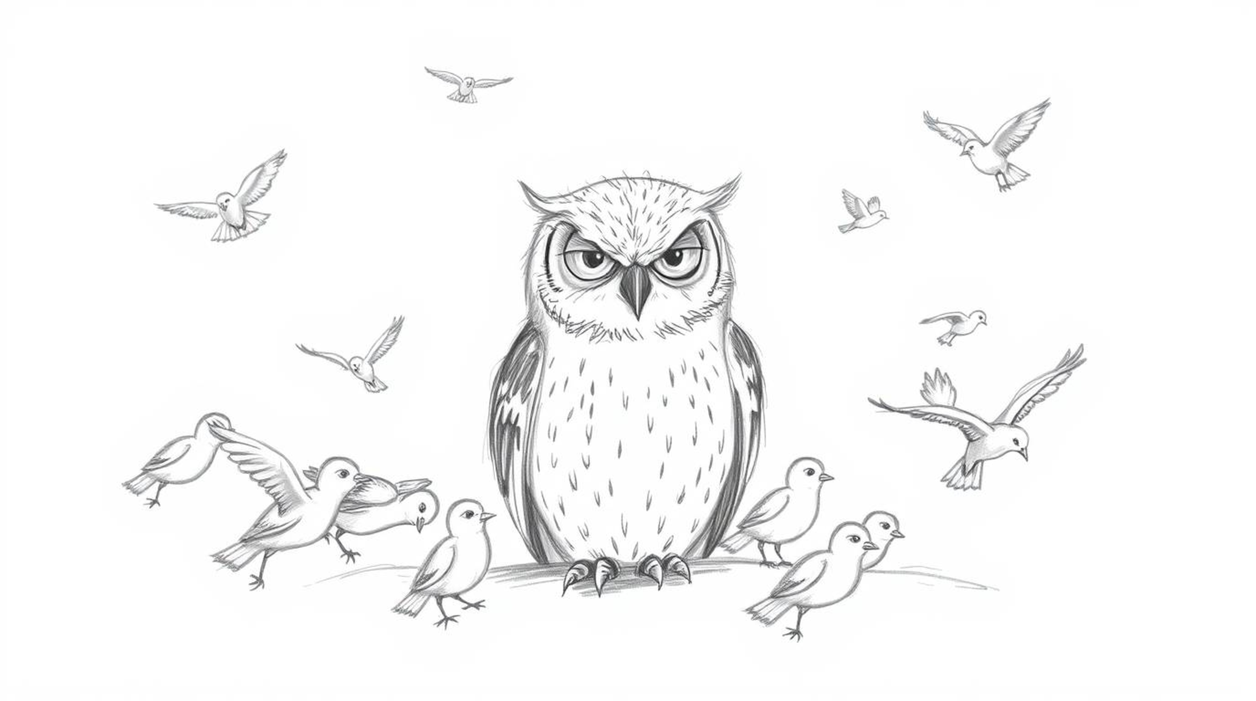 A captivating hand-drawn pencil sketch in the style of Pixar, depicting a blind owl with subtly defined features. The owl sit