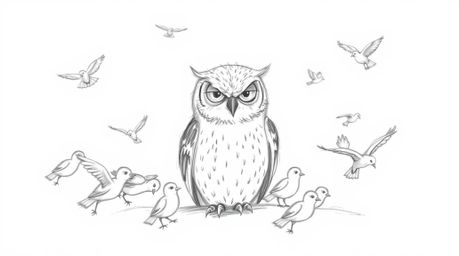 A captivating hand-drawn pencil sketch in the style of Pixar, depicting a blind owl with subtly defined features. The owl sit