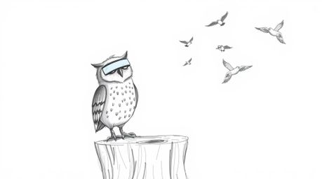 A heartwarming Pixar-esque sketch depicting a blind owl perched on a tree stump, radiating joy as his avian students take to 